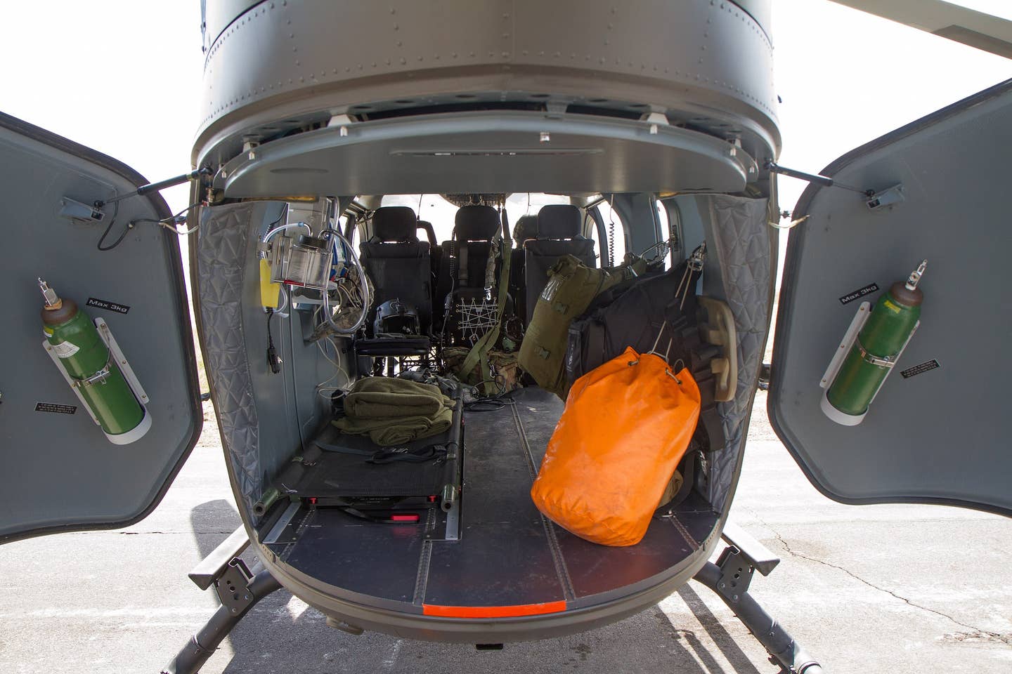 A look in through the rear of a UH-72A in a medical evacuation configuration. <em>US Army National Guard</em>