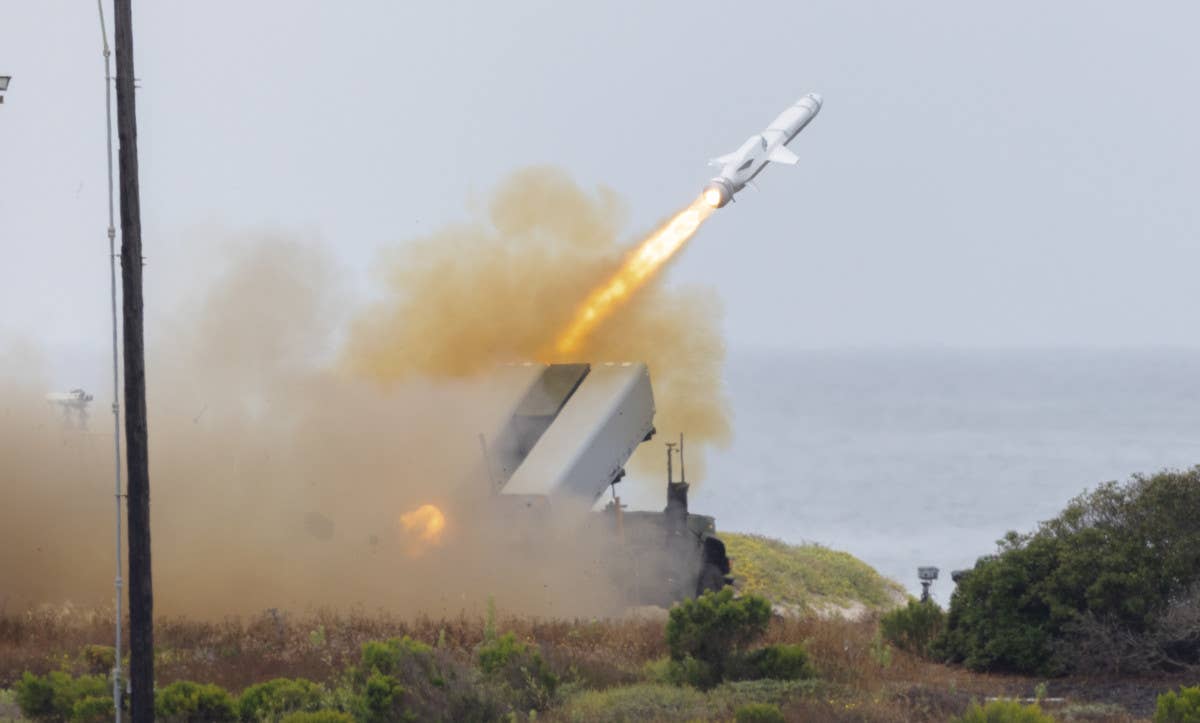 A Marine Corps NMESIS system fires a Naval Strike Missile during a test. <em>USMC</em>