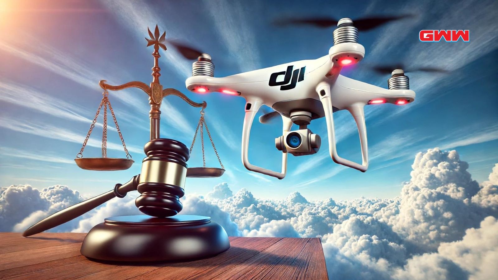 A wide image featuring a DJI drone flying in a clear blue sky, with a gavel and scales of justice in the background