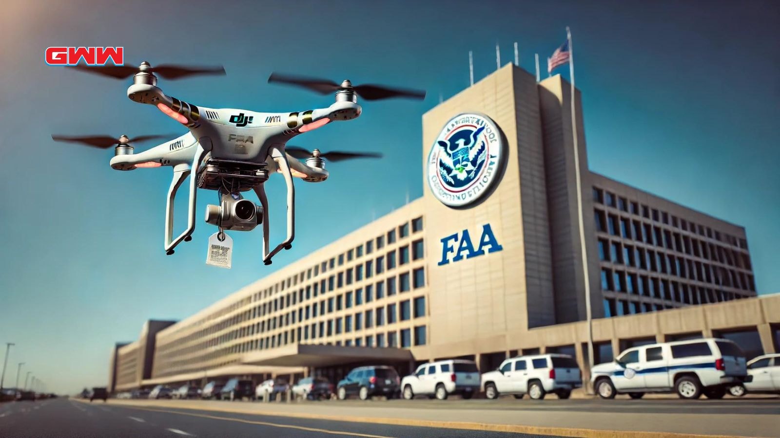 A wide image showing a DJI drone with a registration tag flying in front of an FAA (Federal Aviation Administration) building
