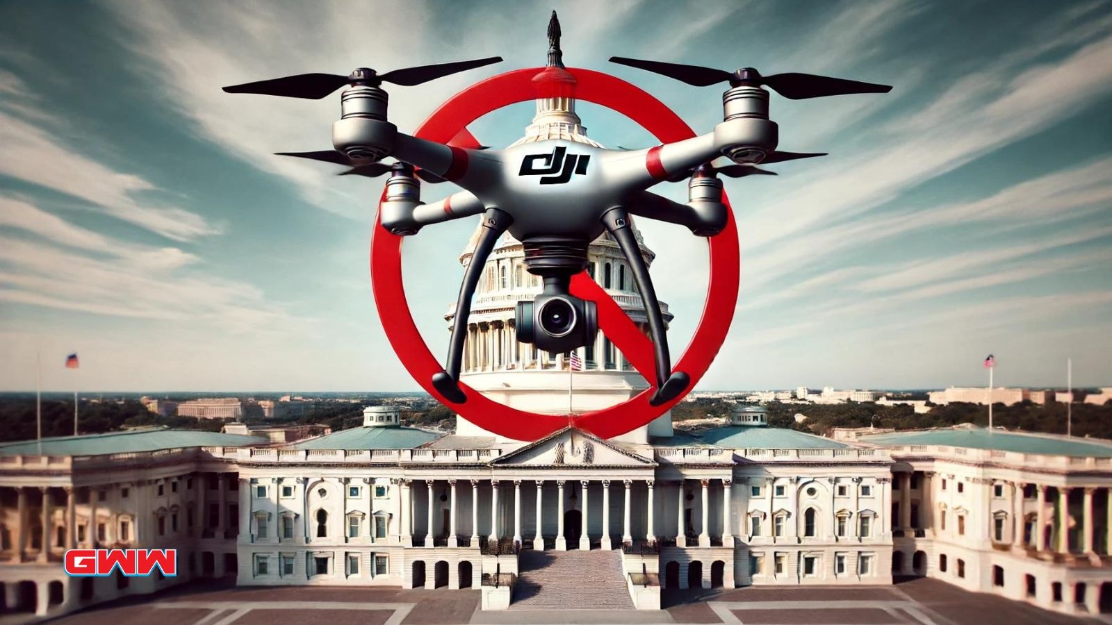 A wide image depicting a DJI drone with a red ban sign over it, set against a backdrop of the U.S. Capitol building